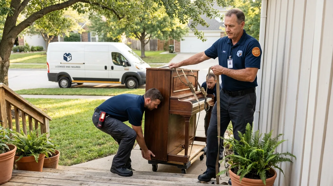 Licensed piano movers securing grand piano in Center, NE