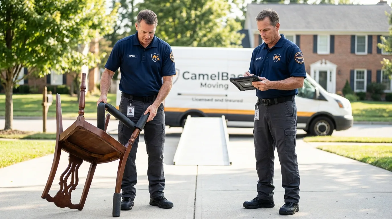 Movers inspecting furniture for damage prevention before loading in Center, NE