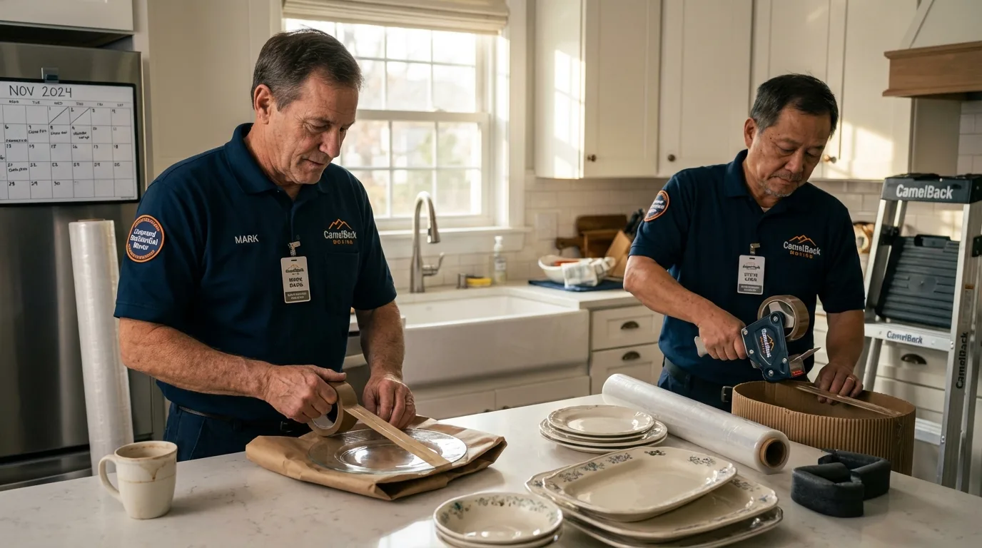 Professional crew packing kitchen dishware in Center, NE